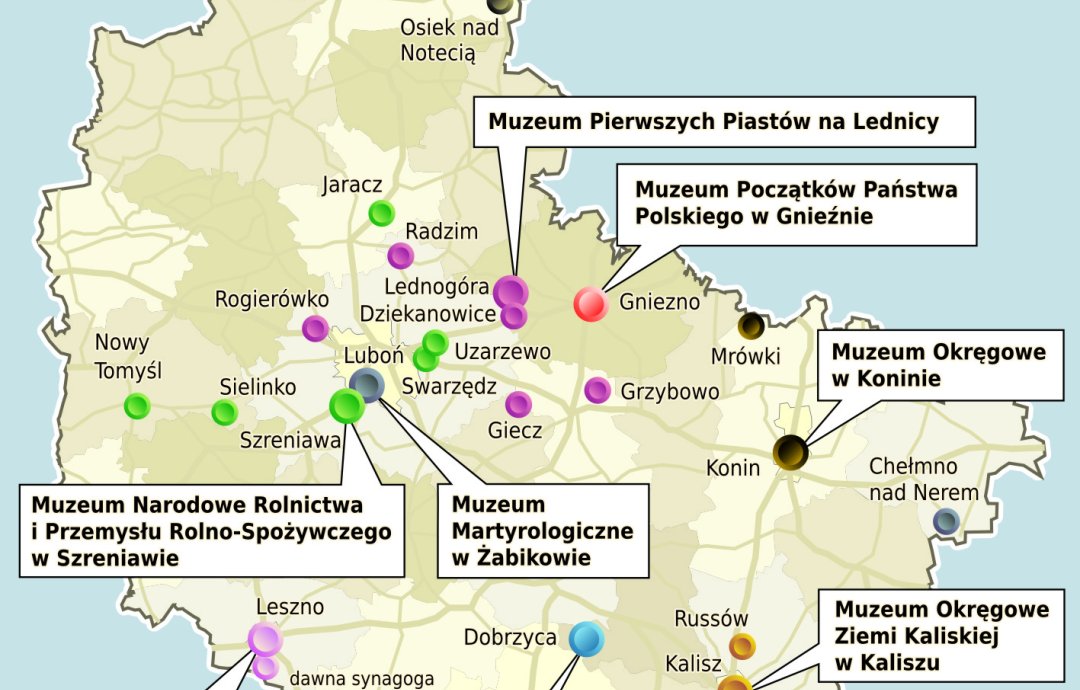 Infografika prezentująca mapę Wielkopolski z marszałkowskimi muzeami