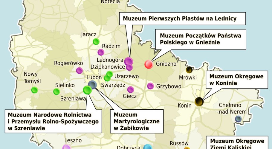 Infografika prezentująca mapę Wielkopolski z marszałkowskimi muzeami