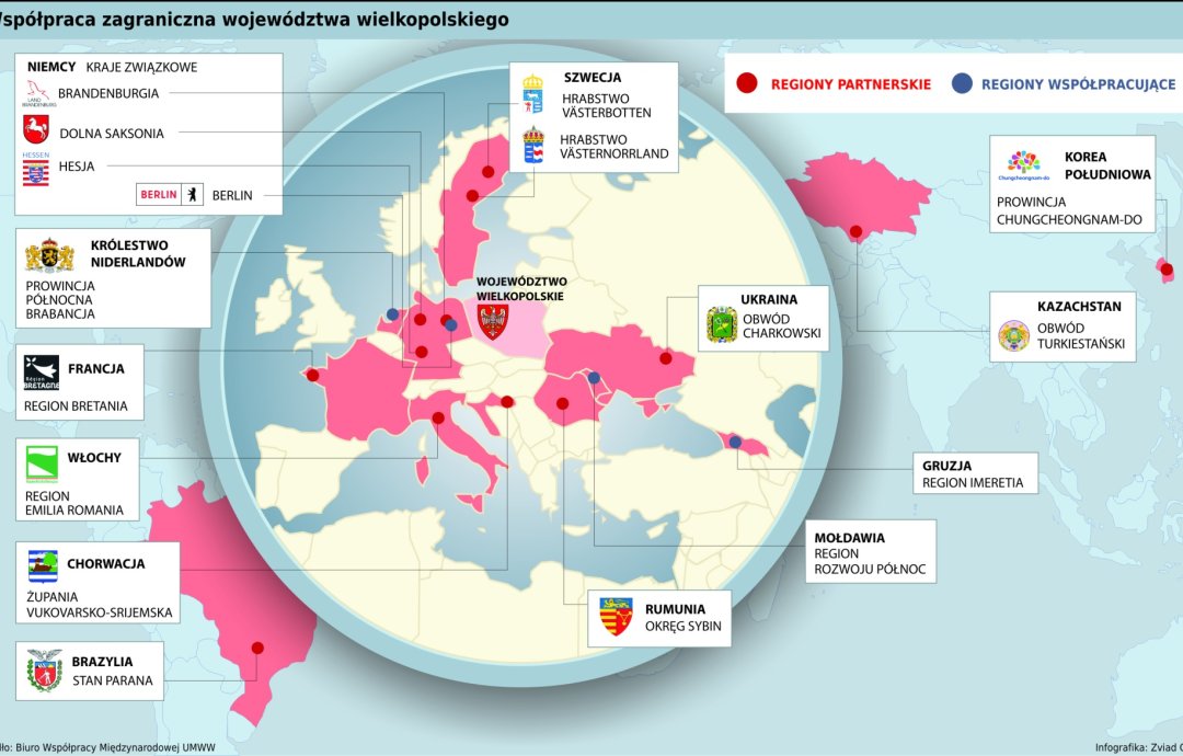 Infografika prezentująca zagraniczne regiony partnerskie Wielkopolski.