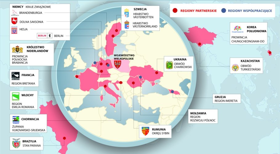 Infografika prezentująca zagraniczne regiony partnerskie Wielkopolski.