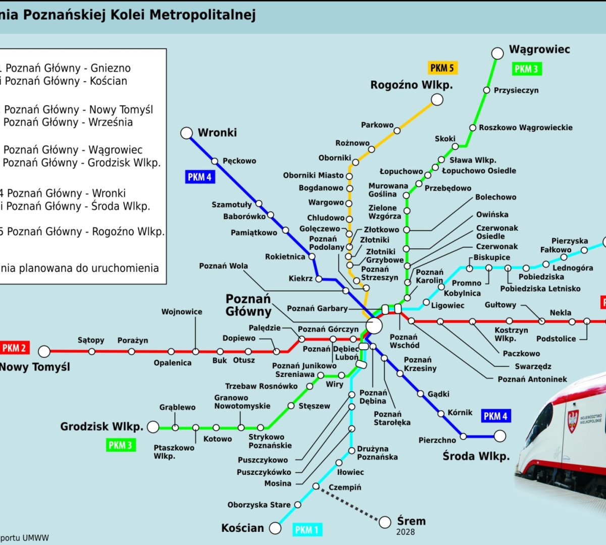 Infografika prezentująca zasięg działania Poznańskiej Kolei Metropolitalnej