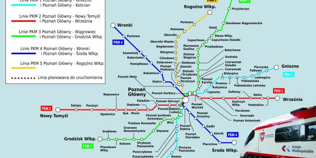 Infografika prezentująca zasięg działania Poznańskiej Kolei Metropolitalnej