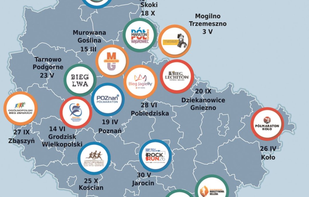 Infografika prezentująca miejsca 15 biegów Grand Prix Wielkopolski w Półmaratonie