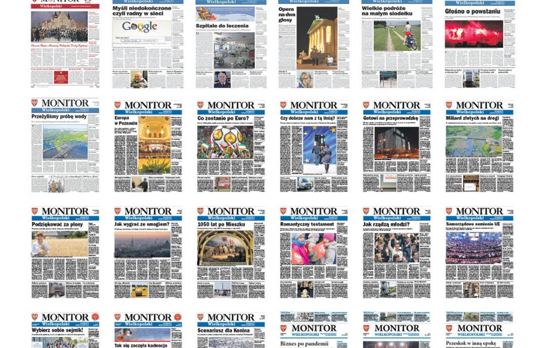 Zdjęcie zawiera kilkadziesiąt okładek Monitora Wielkopolskiego