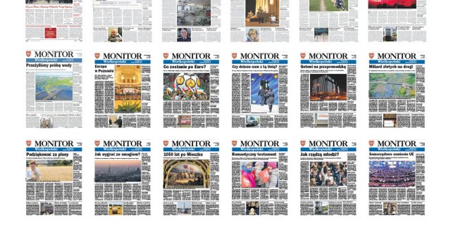 Zdjęcie zawiera kilkadziesiąt okładek Monitora Wielkopolskiego