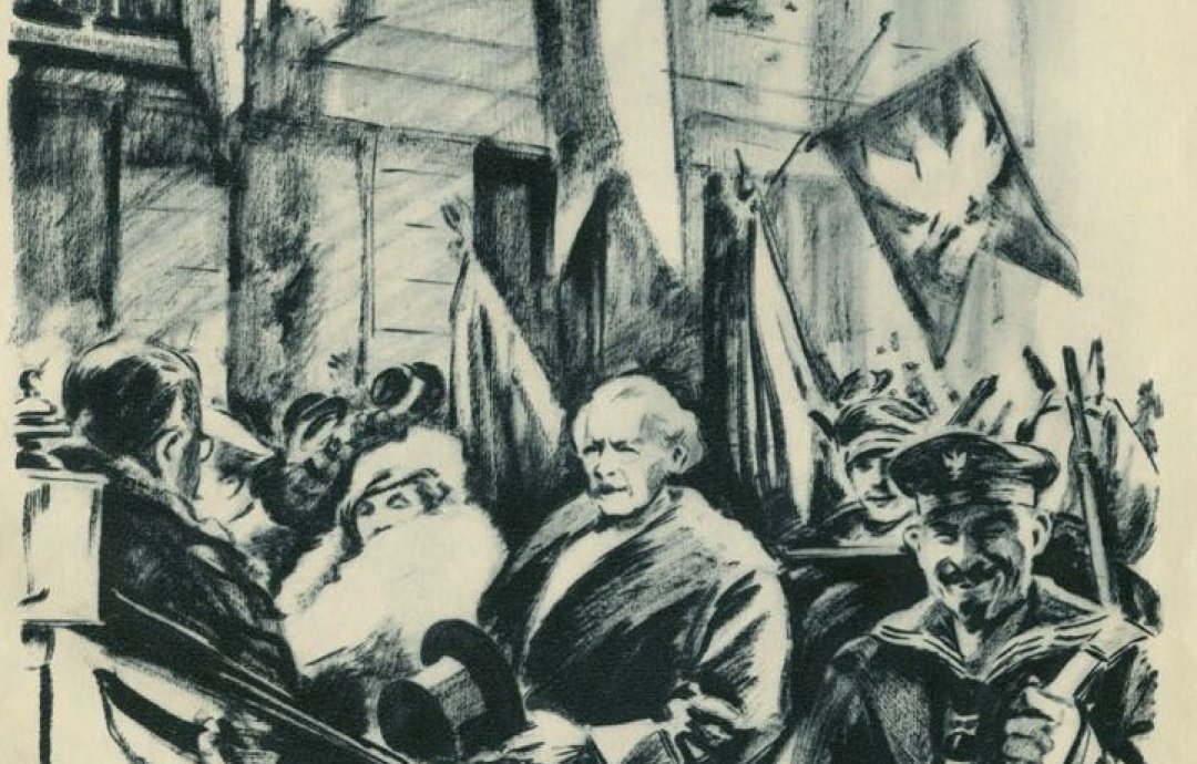 Marynarze w eskorcie honorowej towarzyszącej przyjeżdżającemu do Poznania Ignacemu Janowi Paderewskiemu na rysunku Leona Prauzińskiego.