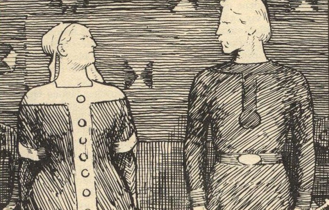Sygryda i jej niedoszły mąż Olaf Trygvason na XIX-wiecznym rysunku.