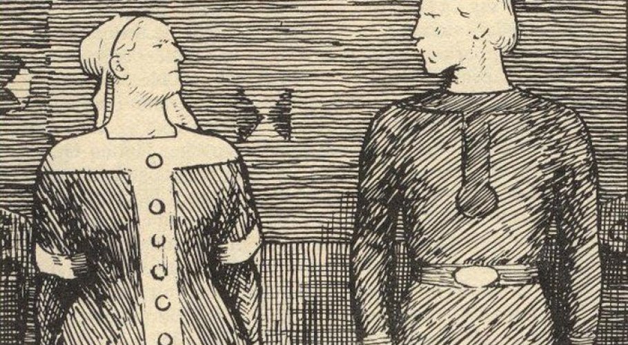 Sygryda i jej niedoszły mąż Olaf Trygvason na XIX-wiecznym rysunku.