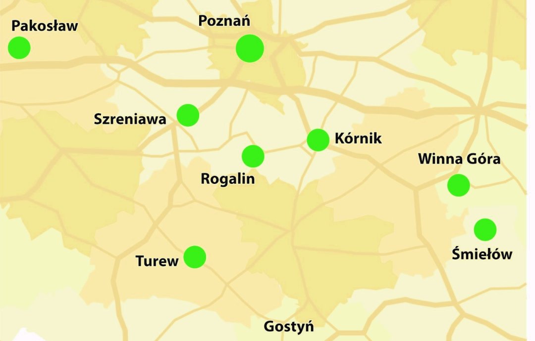 Mapka z lokalizacją obiektów Szlaku Pracy Organicznej